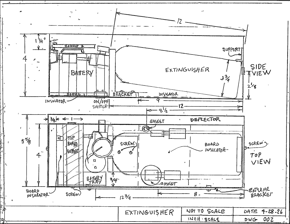 Dimensioned side and top sketches of the fire suppression enclosure