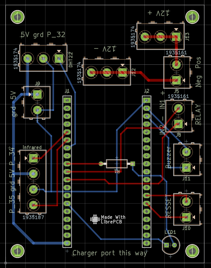 PCB design showing terminals and copper trace routing